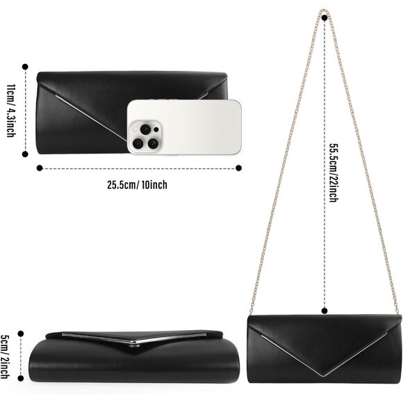 Women's Black 3 Clutch Purses Sparkling Envelope Evening Bag Detachable Chain - Picture 6 of 7